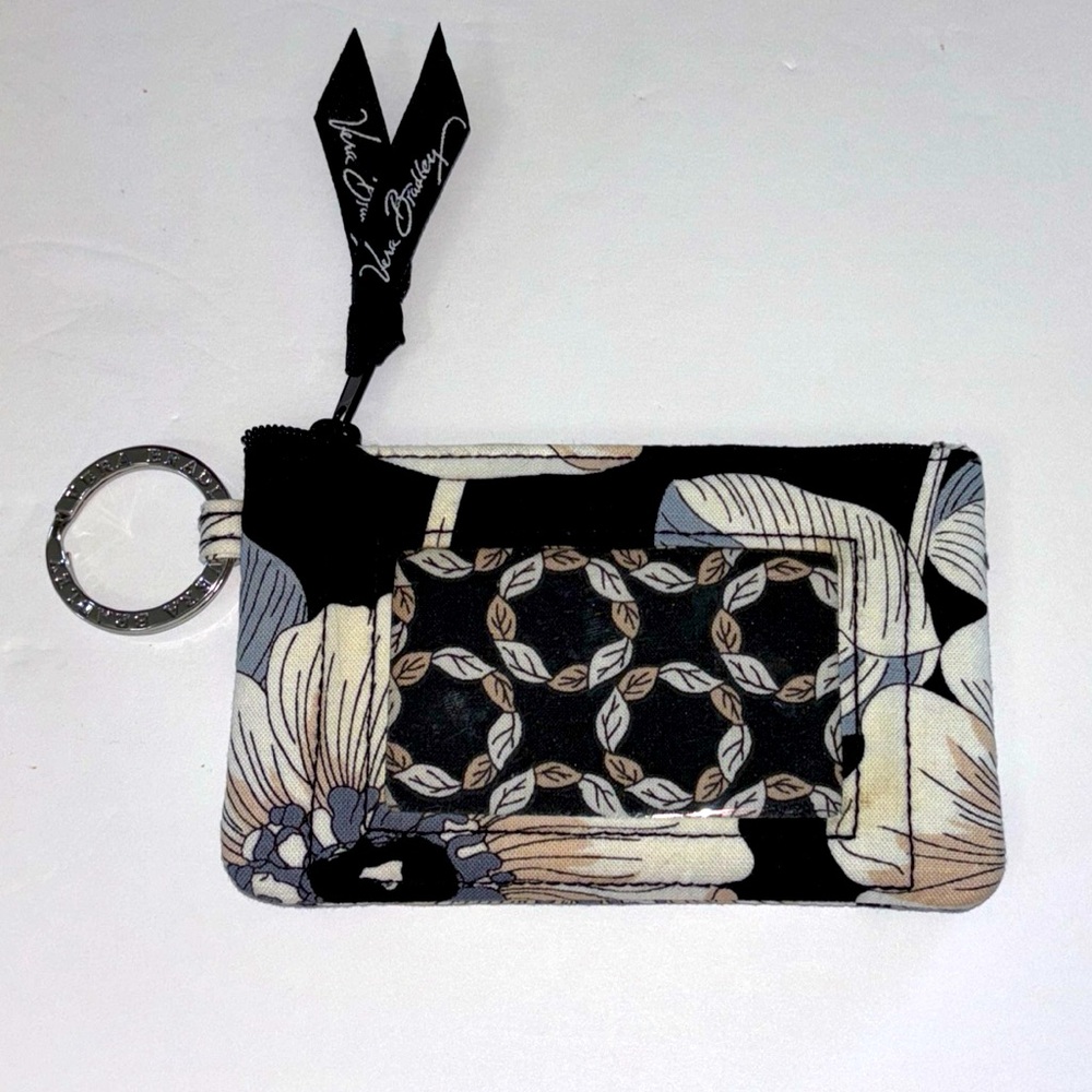 Vera Bradley Zip Clip ID Holder Coin Purse with‎ Key Ring Black Tan Floral Print